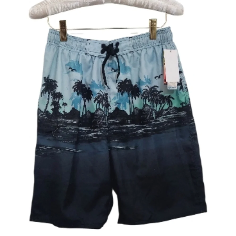 Burnside Boys Size Small Swim Trunks Shorts Grey Palm Trees Surf Boards Ocean